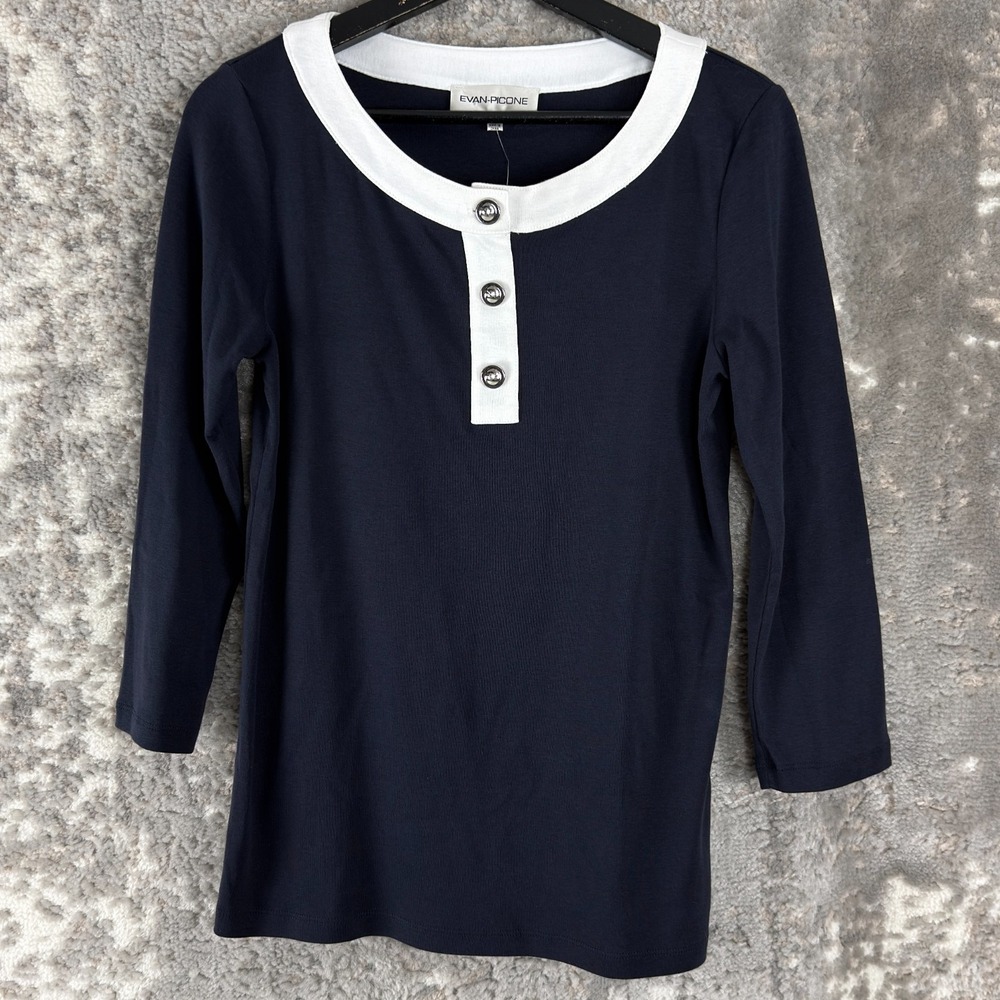 Evan Picone Sz M Royal Navy 3/4 Sleeve Top Sailor‎ Nautical 100% Cotton NWT